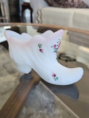 Vintage Fenton White Satin Glass Hand Painted Shoe
